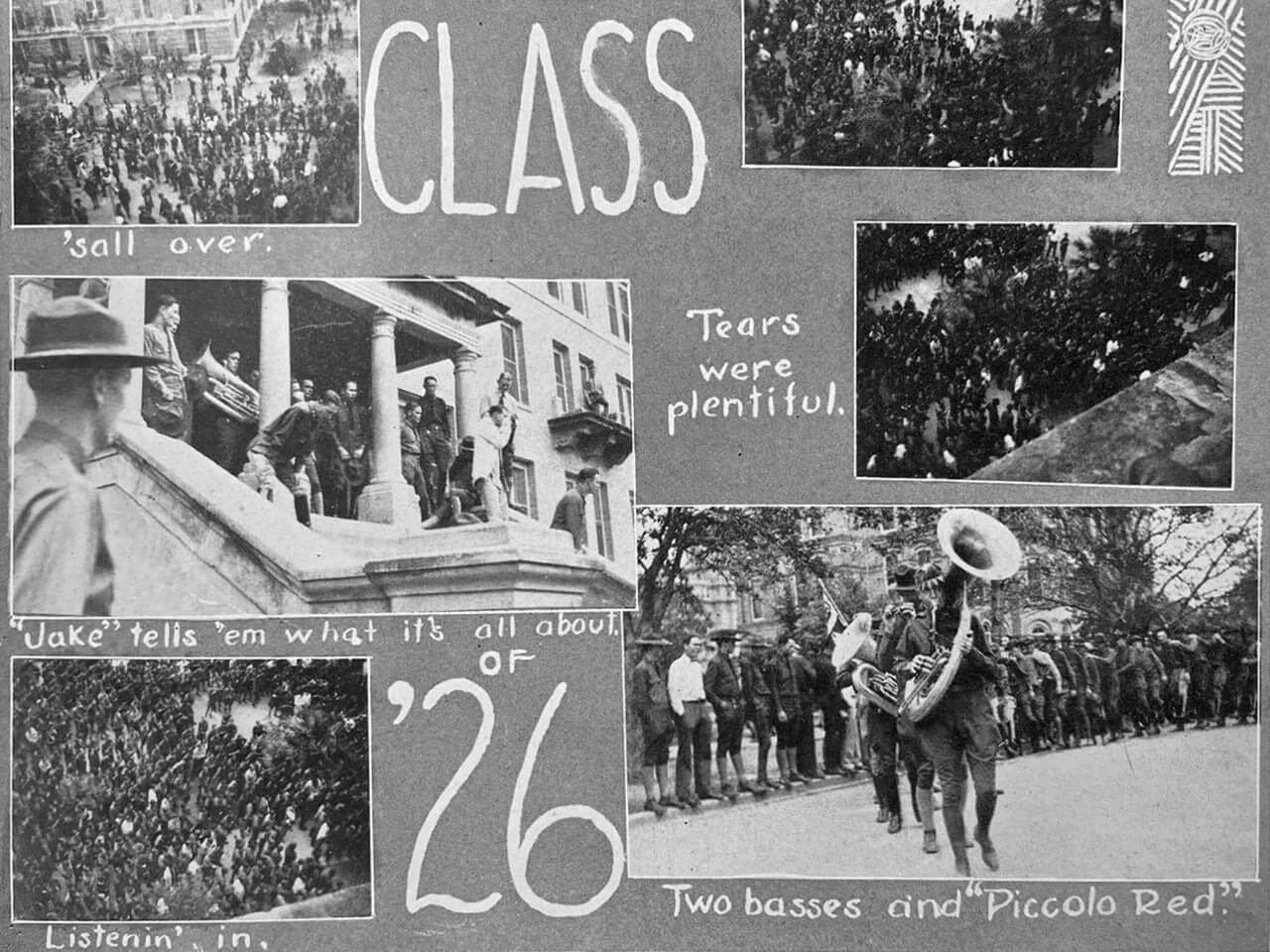 Historic yearbook page with multiple photos of Texas A&M’s 1926 Elephant Walk, showing cadets gathered, a speech on building steps, and a band leading the march.