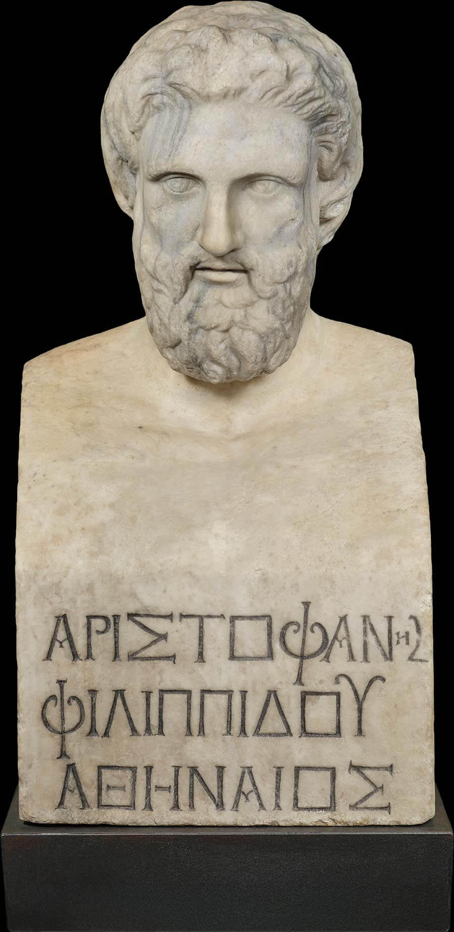 Photo of marble sculpture depicting Aristophanes
