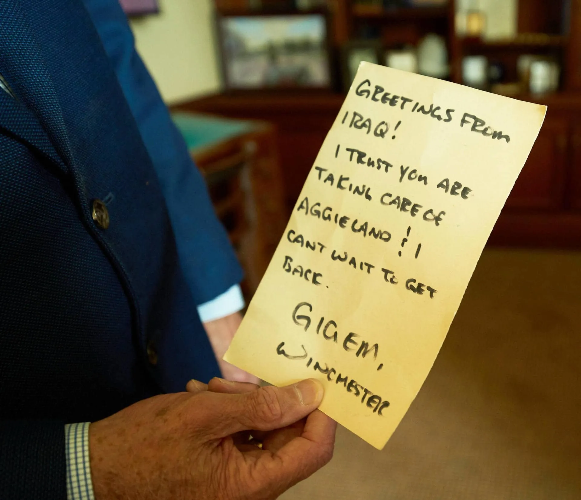 A framed letter sent from Iraq by Army Spc. Winchester Wearden